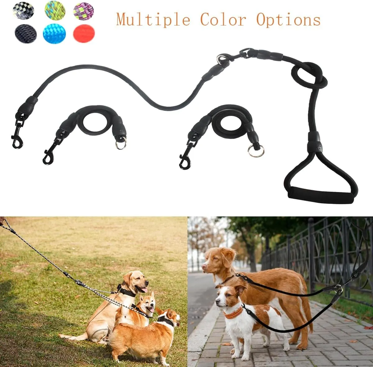3 in 1 Durable Nylon Dog Leash with Padded Handle, 360 Swivel No Tangle Climbing Rope Removable Pet Traction Rope, Lead for Medium Large Dogs Black