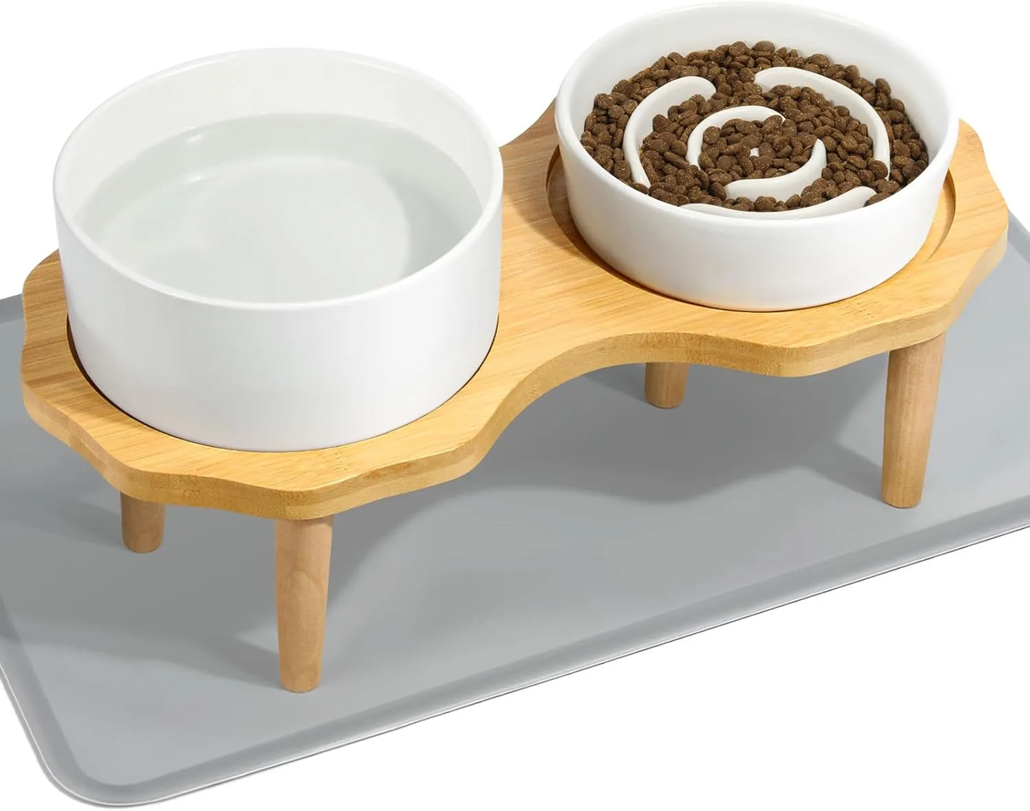 4-in-1 Elevated Dog Bowls Set with Non-Slip Wooden Stand - Ceramic Slow Feeder and Water Bowl - Scratch Resistant Silicone Pad, 27.8 OZ - 850 ML/1 Cup 8 OZ Two Pet Bowl for Small Medium Cat or Dog