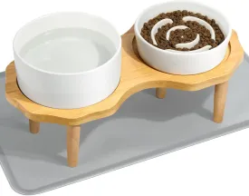 4-in-1 Elevated Dog Bowls Set with Non-Slip Wooden Stand - Ceramic Slow Feeder and Water Bowl - Scratch Resistant Silicone Pad, 27.8 OZ - 850 ML/1 Cup 8 OZ Two Pet Bowl for Small Medium Cat or Dog