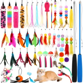 50 Cat Feather Toys Refills 2 Retractable Wand and 48 Replacement Teaser with Bell Refills for Indoor Cat Wand Attachments Feathers Replacement Interactive Catcher for Kitten