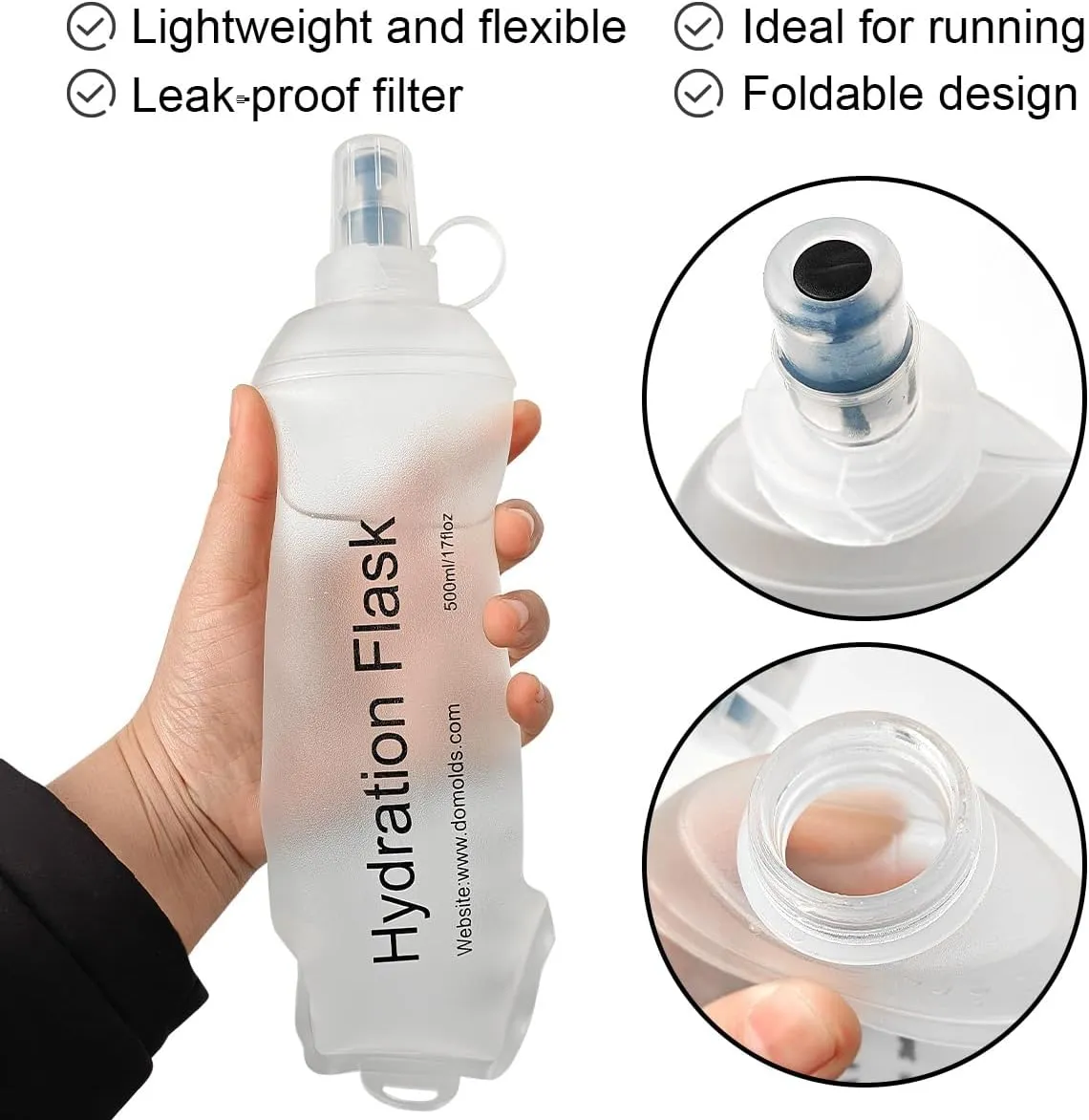 500ml Soft Flask, TPU Collapsible Soft Water Bottle for Hydration Pack, Running Vest, Folding Water Bottle for Hiking Cycling Climbing-1Pcs, White