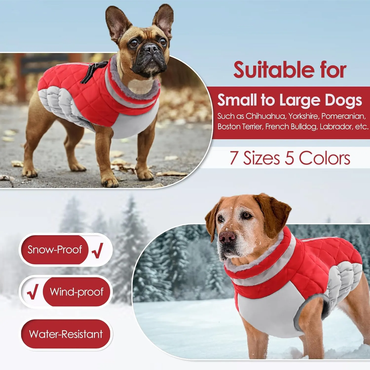AOFITEE Dog Coat, Warm Dog Winter Coat, Reflective Cold Weather Dogs Puffer Jacket with Harness Built in, Waterproof Pet Fleece Vest Snowsuit for Small Medium Large Dogs, Christmas Red L