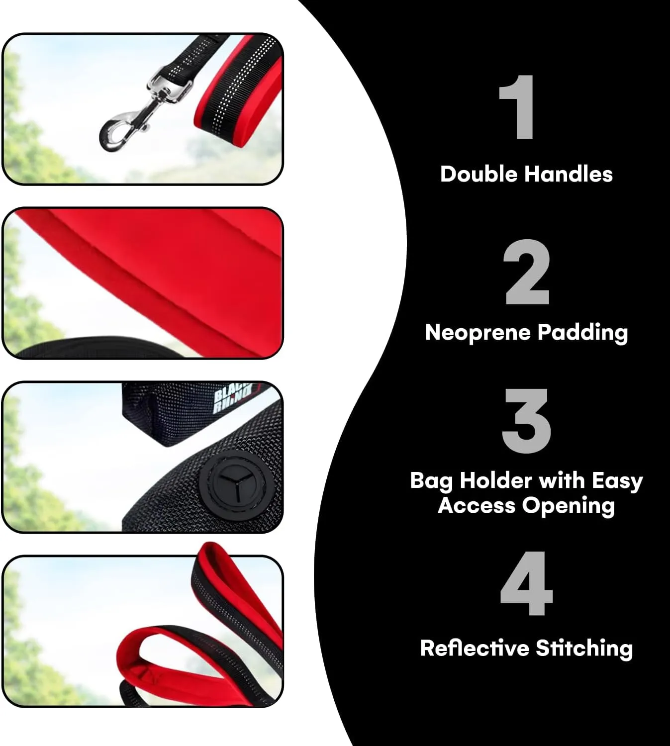 Black Rhino 6 ft Long Heavy Duty Dog Leash with Traffic Handle for Medium and Large Dogs - with Padded Neoprene Dual Handles, Bag and Clip - Reflective, Durable, and Weather Resistant - Red