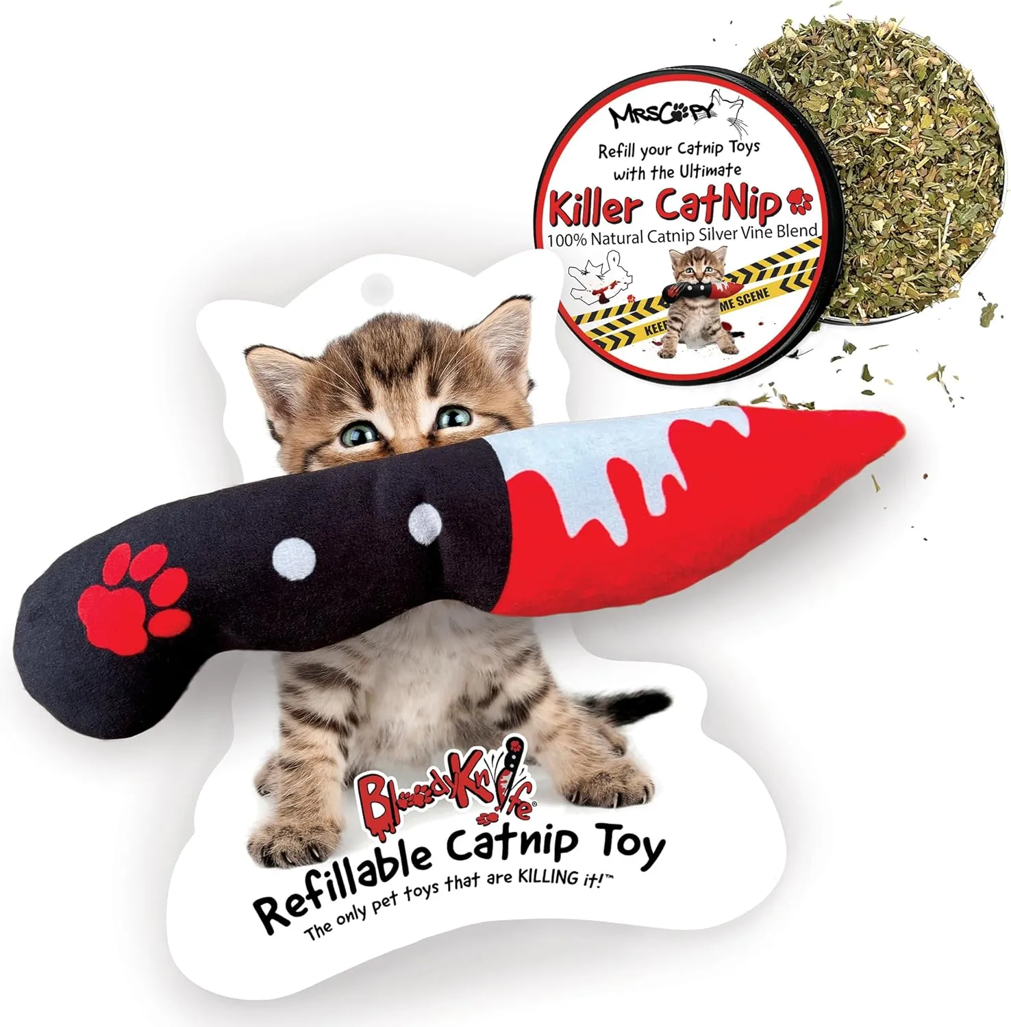 Bloody Knife Bundle | Refillable Catnip Toy and Killer Catnip Refill Tin | Halloween Horror Plush for Cats | Includes Organic U.S. Grown Catnip with Silver Vine | Spooky Cat Toys