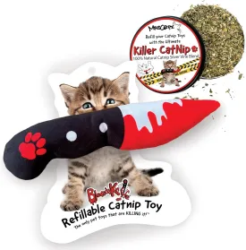 Bloody Knife Bundle | Refillable Catnip Toy and Killer Catnip Refill Tin | Halloween Horror Plush for Cats | Includes Organic U.S. Grown Catnip with Silver Vine | Spooky Cat Toys