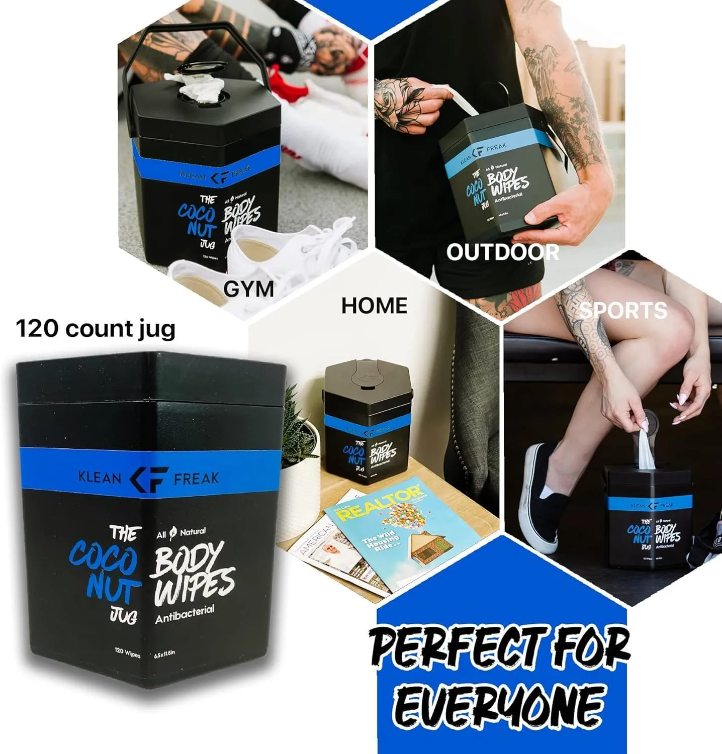 Body Wipes - for Face and Body, No Water, Wipe Away Sweat and Odor, Large Textured, Travel, Gym, Camping and More, 120 Cnt Jug (Coconut)