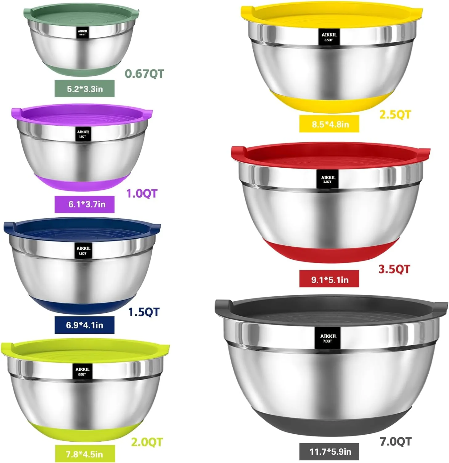 Bowls with Airtight Lids, 20 piece Stainless Steel Metal Nesting Bowls, Non-Slip Colorful Silicone Bottom, Size 7, 3.5, 2.5, 2.0,1.5, 1,0.67QT, Great for Mixing, Baking, Serving