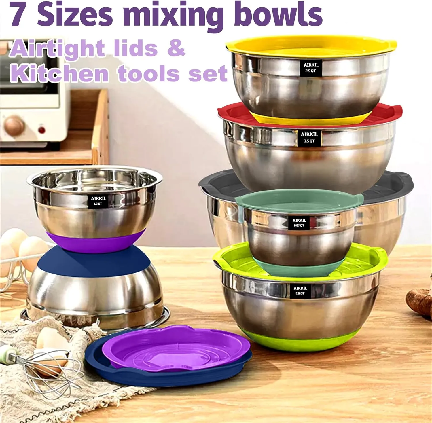 Bowls with Airtight Lids, 20 piece Stainless Steel Metal Nesting Bowls, Non-Slip Colorful Silicone Bottom, Size 7, 3.5, 2.5, 2.0,1.5, 1,0.67QT, Great for Mixing, Baking, Serving