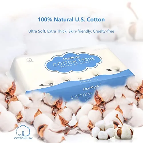 Charmyth Extra Thick Disposable Face Towel, Disposable Makeup Removing Wipes, 100% USA Cotton and 100% Organic & Cruelty Free, Lint-Free Cotton Tissues for Sensitive Skin (80 Count/Bag)