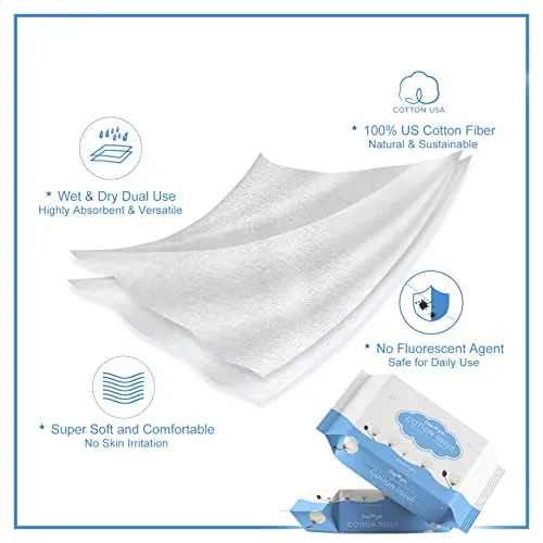 Charmyth Extra Thick Disposable Face Towel, Disposable Makeup Removing Wipes, 100% USA Cotton and 100% Organic & Cruelty Free, Lint-Free Cotton Tissues for Sensitive Skin (80 Count/Bag)