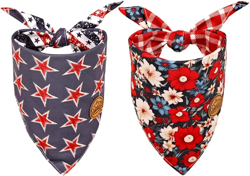 CROWNED BEAUTY 4th of July Patriotic Dog Bandanas Reversible Small 2 Pack, Floral Star Set, Plaid Adjustable Triangle Holiday Scarves for Dogs Pets Boy Girl Pets DB117-S