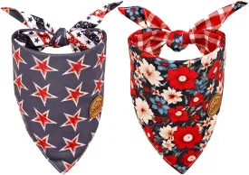 CROWNED BEAUTY 4th of July Patriotic Dog Bandanas Reversible Small 2 Pack, Floral Star Set, Plaid Adjustable Triangle Holiday Scarves for Dogs Pets Boy Girl Pets DB117-S