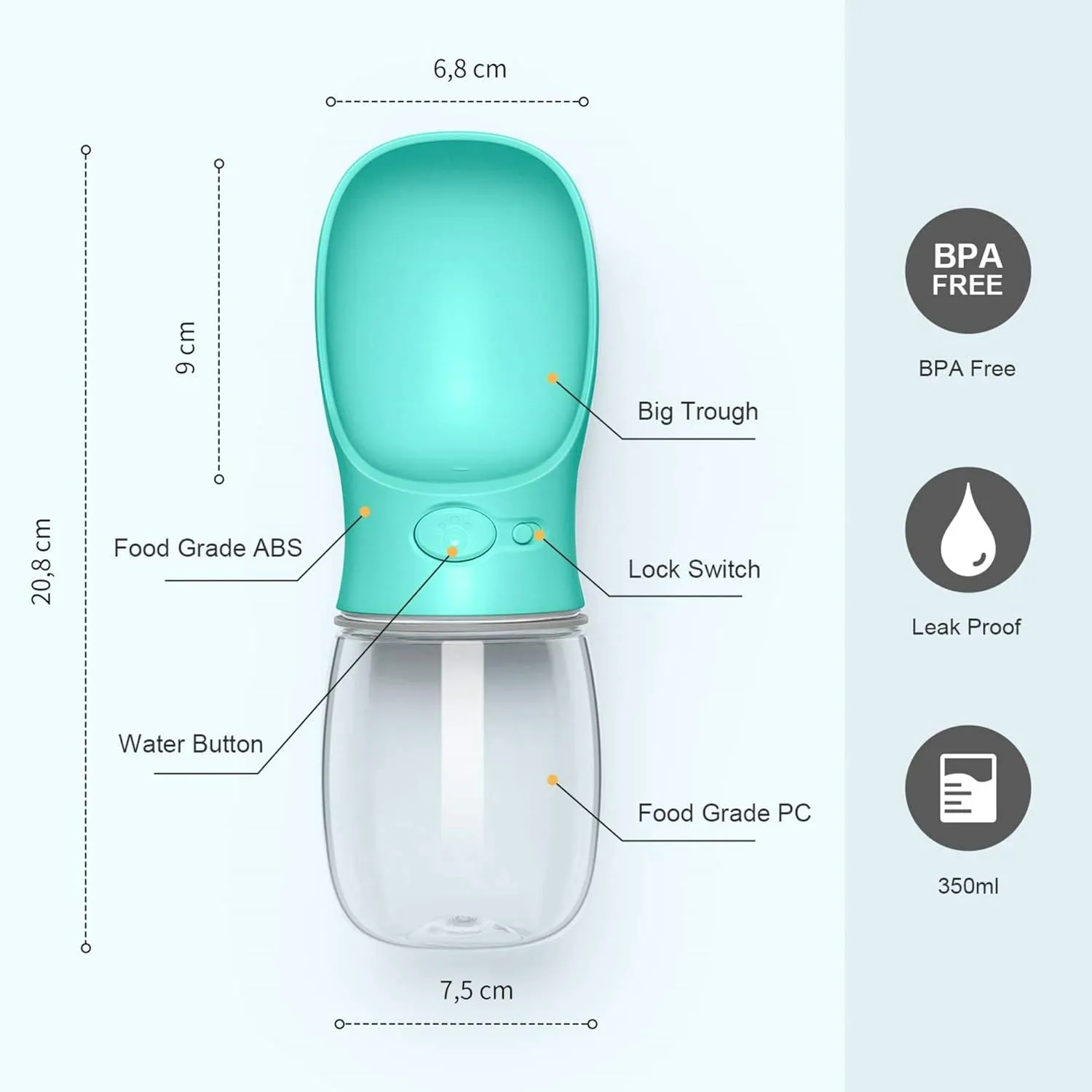 Dog Water Bottle, Leak Proof Portable Pet Water Bottles for Dogs, Puppy Water Dispenser with Drinking Feeder for Travel (Teal 12oz)