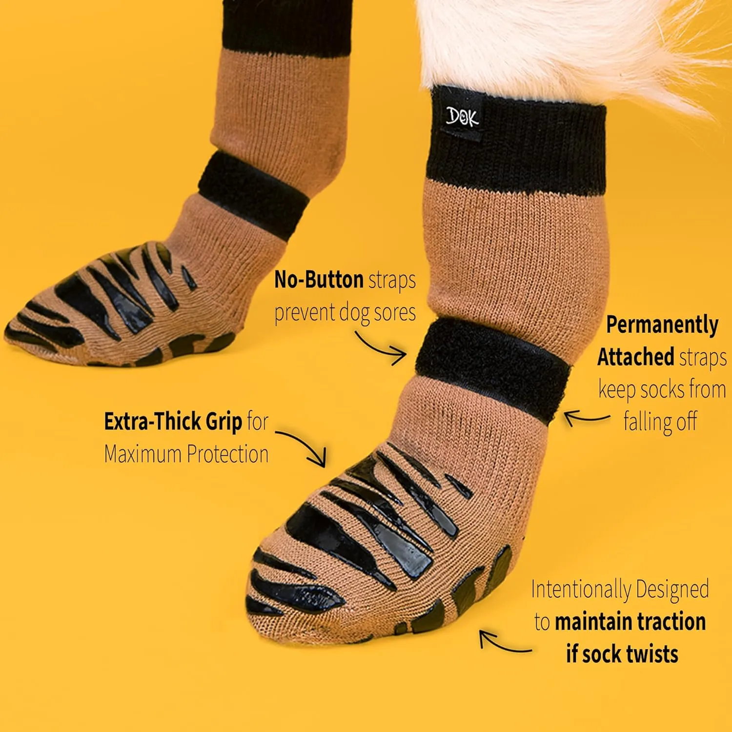 DOK TigerToes Premium Non-Slip Dog Socks for Hardwood Floors - Extra-Thick Grip That Works Even When Twisted - Prevents Licking, Slipping, and Great for Dog Paw Protection (Cool Caramel, Large)