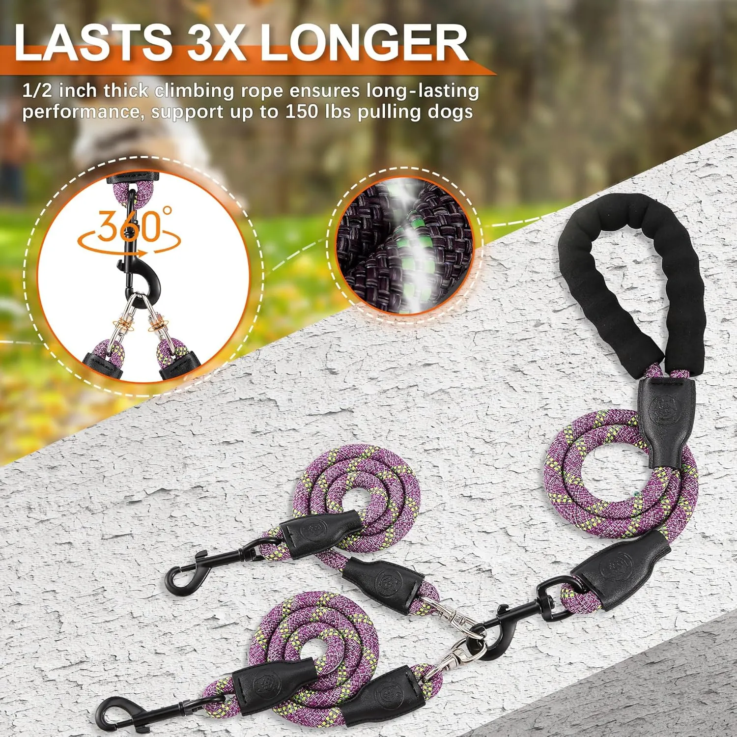 Double Dog Leash, Dual Dog Leash, 360 Swivel No Tangle Walking Training Two Dog Leash, Comfortable Shock Absorbing Climbing Reflective Leash for Small Medium and Large Dogs