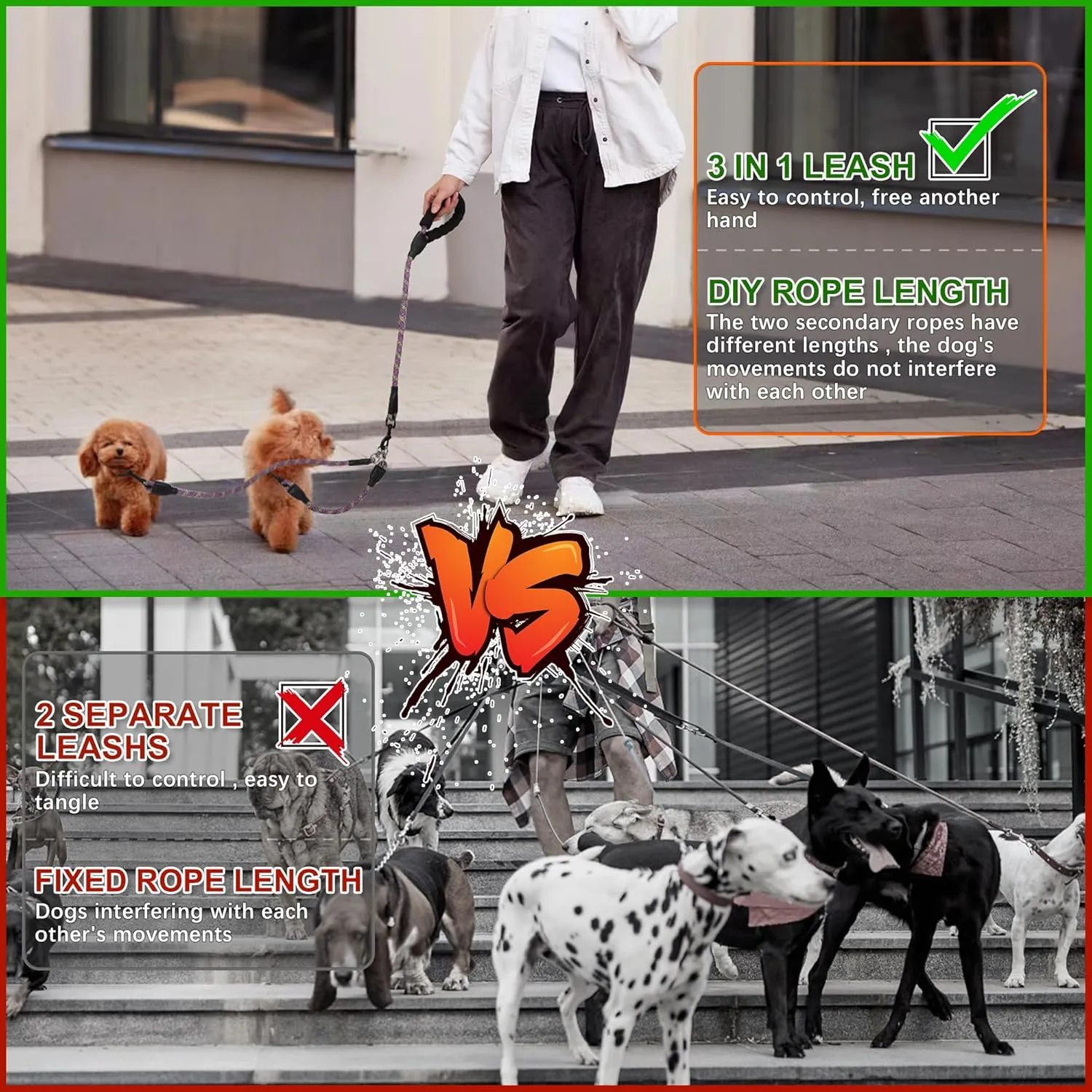Double Dog Leash, Dual Dog Leash, 360 Swivel No Tangle Walking Training Two Dog Leash, Comfortable Shock Absorbing Climbing Reflective Leash for Small Medium and Large Dogs