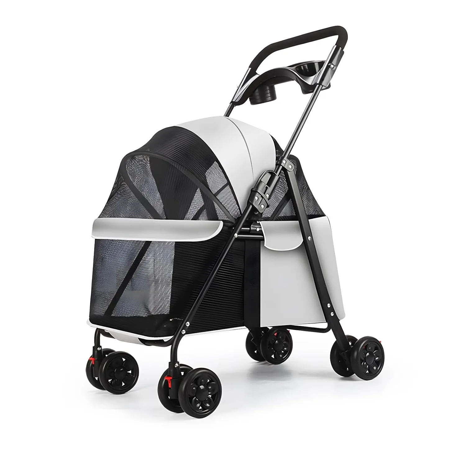 Folding Dog Stroller Pet Stroller 4 Wheels Dog Cat Stroller with Shades and Seat, Outdoor Travel Pet Folding Stroller, Breathable and Visible Mesh Canopy for Medium Small Dogs Cats Light Grey