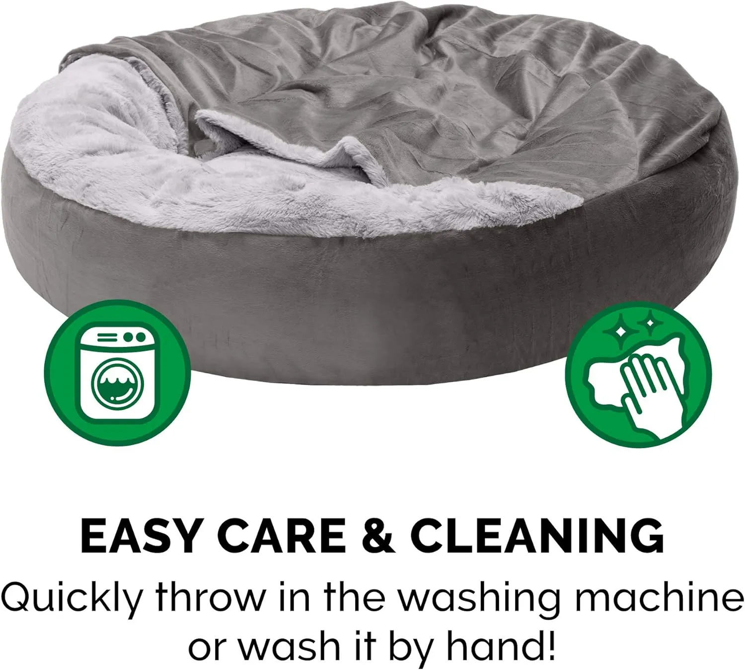 Furhaven 27" Round Calming Donut Dog Bed for Medium/Small Dogs, Washable, For Dogs Up to 45 lbs - Plush Velvet Waves Hooded Donut Bed - Dark Gray, Medium