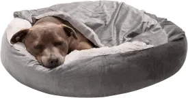 Furhaven 27" Round Calming Donut Dog Bed for Medium/Small Dogs, Washable, For Dogs Up to 45 lbs - Plush Velvet Waves Hooded Donut Bed - Dark Gray, Medium