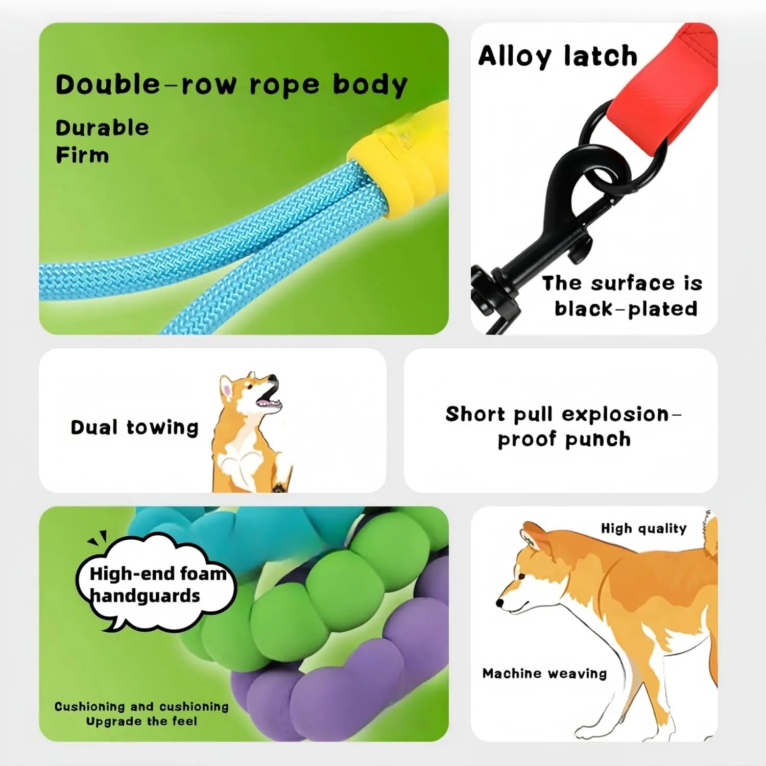 Hands Free Dog Leash Dual Handle, Wearable Leashes for Dog, Padded Waist Belts and Rotating Metal Clip, 5.5 FT for Small Medium Large Dogs (18  lbs) Walking Training Running (Purple Green)