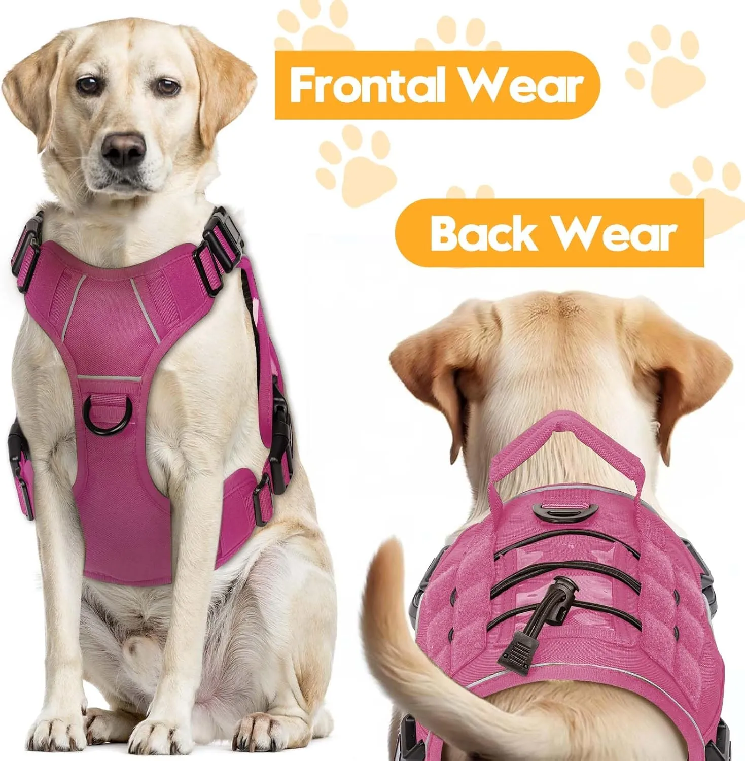 Heavy-Duty Tactical Dog Harness for Large Dogs, No Pull Adjustable Reflective Pet Vest with Molle System, K9 Military-Grade Control for Service Training, Outdoor & 10  Breeds, Pink, Large
