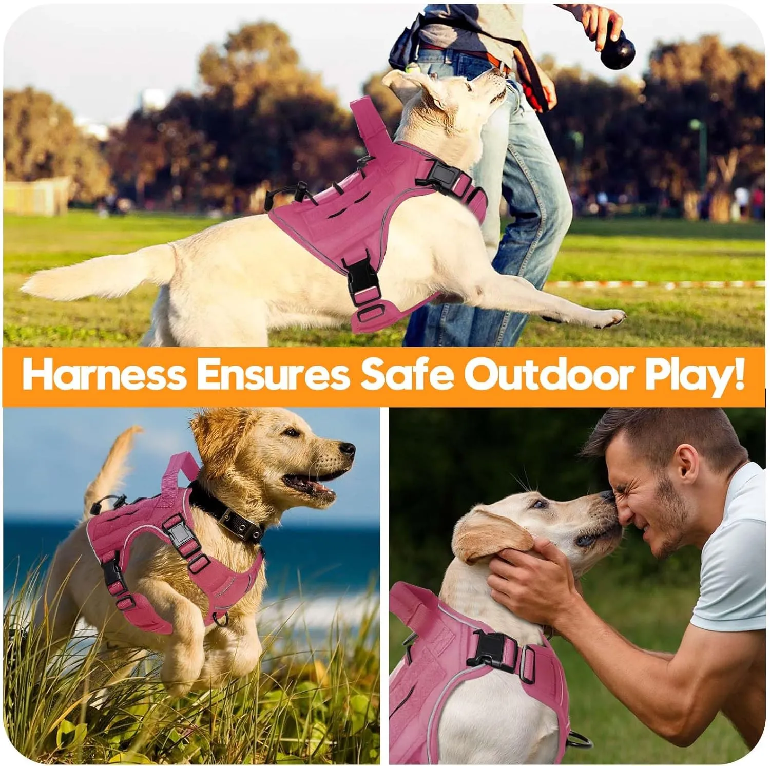 Heavy-Duty Tactical Dog Harness for Large Dogs, No Pull Adjustable Reflective Pet Vest with Molle System, K9 Military-Grade Control for Service Training, Outdoor & 10  Breeds, Pink, Large