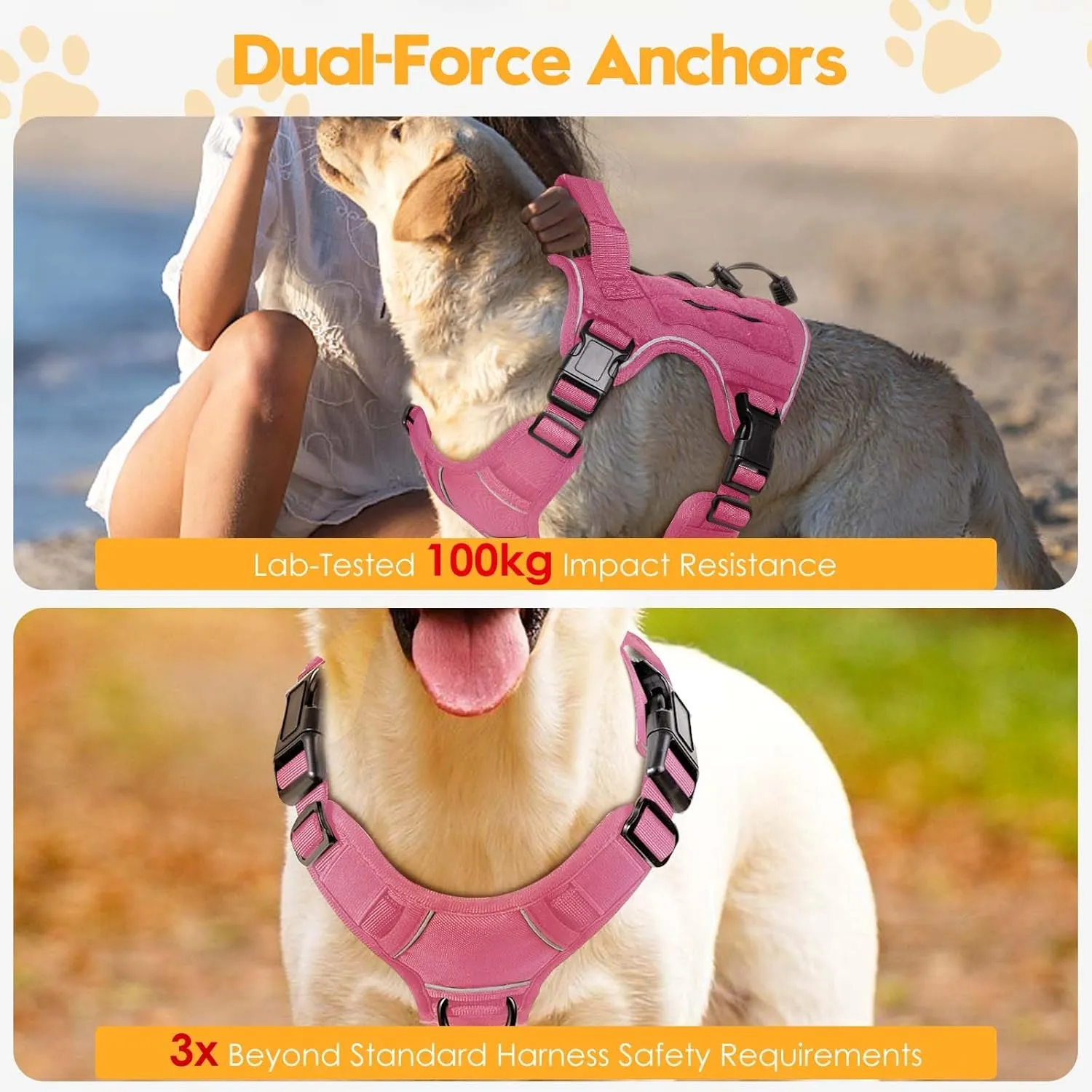 Heavy-Duty Tactical Dog Harness for Large Dogs, No Pull Adjustable Reflective Pet Vest with Molle System, K9 Military-Grade Control for Service Training, Outdoor & 10  Breeds, Pink, Large