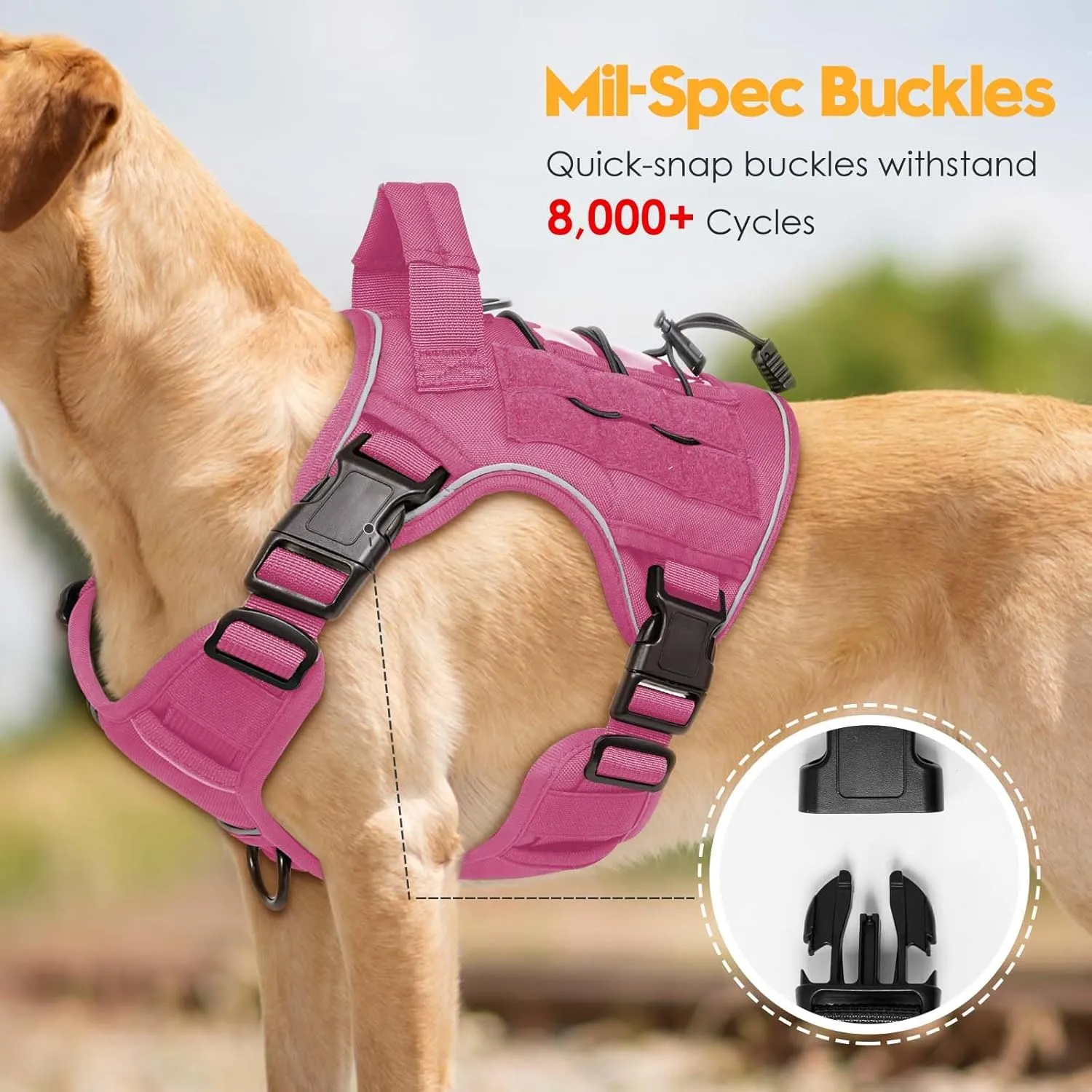 Heavy-Duty Tactical Dog Harness for Large Dogs, No Pull Adjustable Reflective Pet Vest with Molle System, K9 Military-Grade Control for Service Training, Outdoor & 10  Breeds, Pink, Large