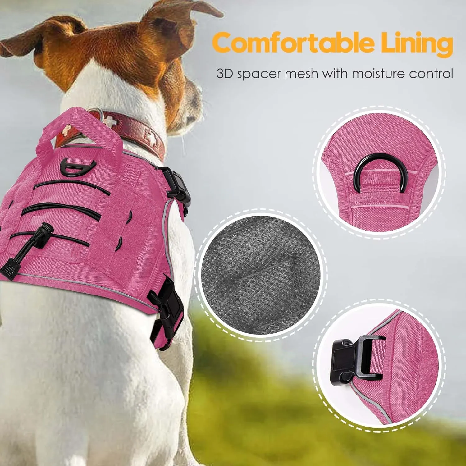 Heavy-Duty Tactical Dog Harness for Large Dogs, No Pull Adjustable Reflective Pet Vest with Molle System, K9 Military-Grade Control for Service Training, Outdoor & 10  Breeds, Pink, Large