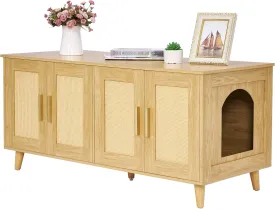 Homhedy Boho Cat Litter Box Enclosure for 2 Cats, Wooden Cat Washroom Furniture with Double Rattan Decorated Doors, Pet House,47.2L x 19.7W x 21.7H, Natural