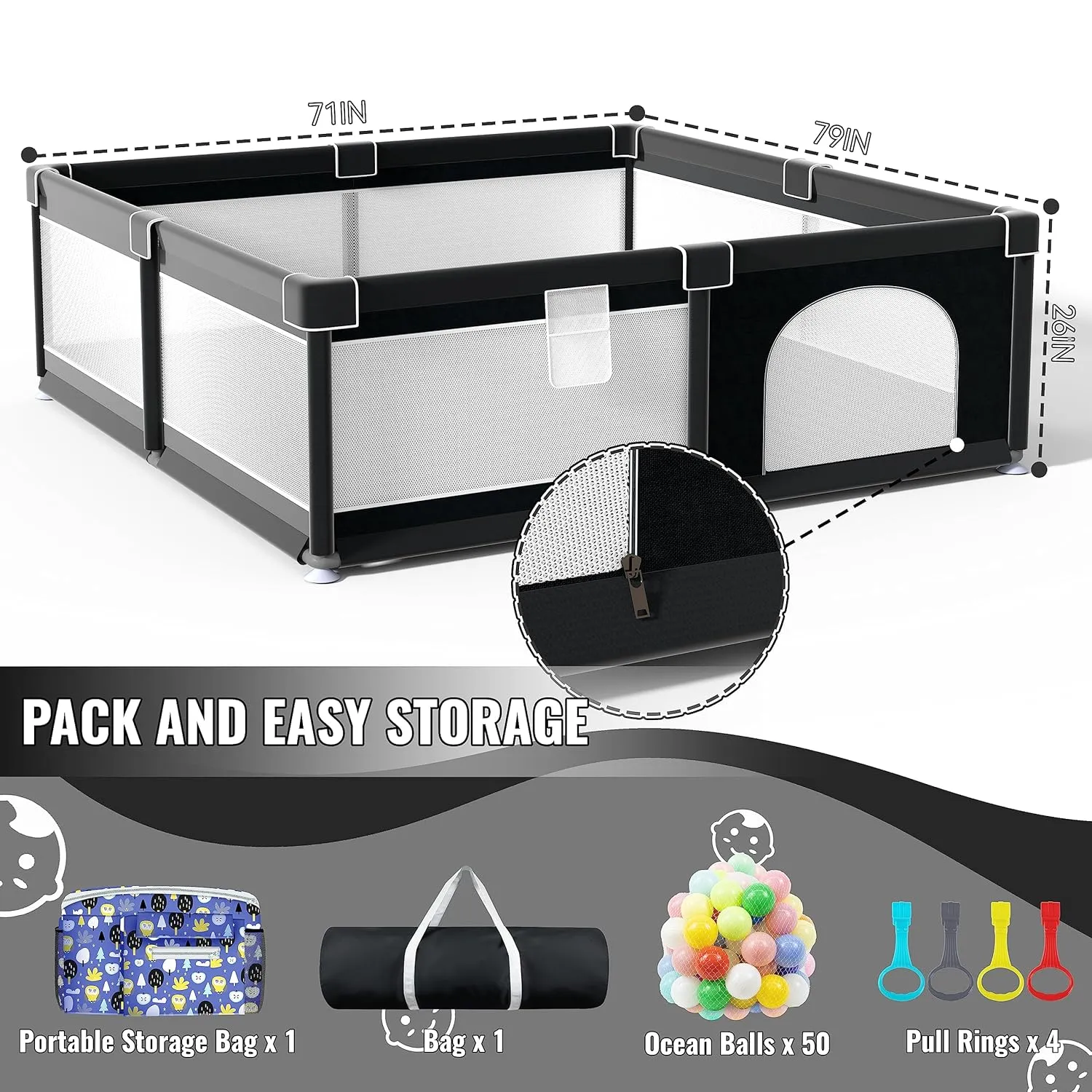 LUTIKIANG Playpen, 79" X 71" Extra Large Playpen, Play Pen for Babies and Toddlers, Kids Play Pen, Sturdy Safety Play Yard, Baby Fence with gate, Play Pin for Toddler (Black)