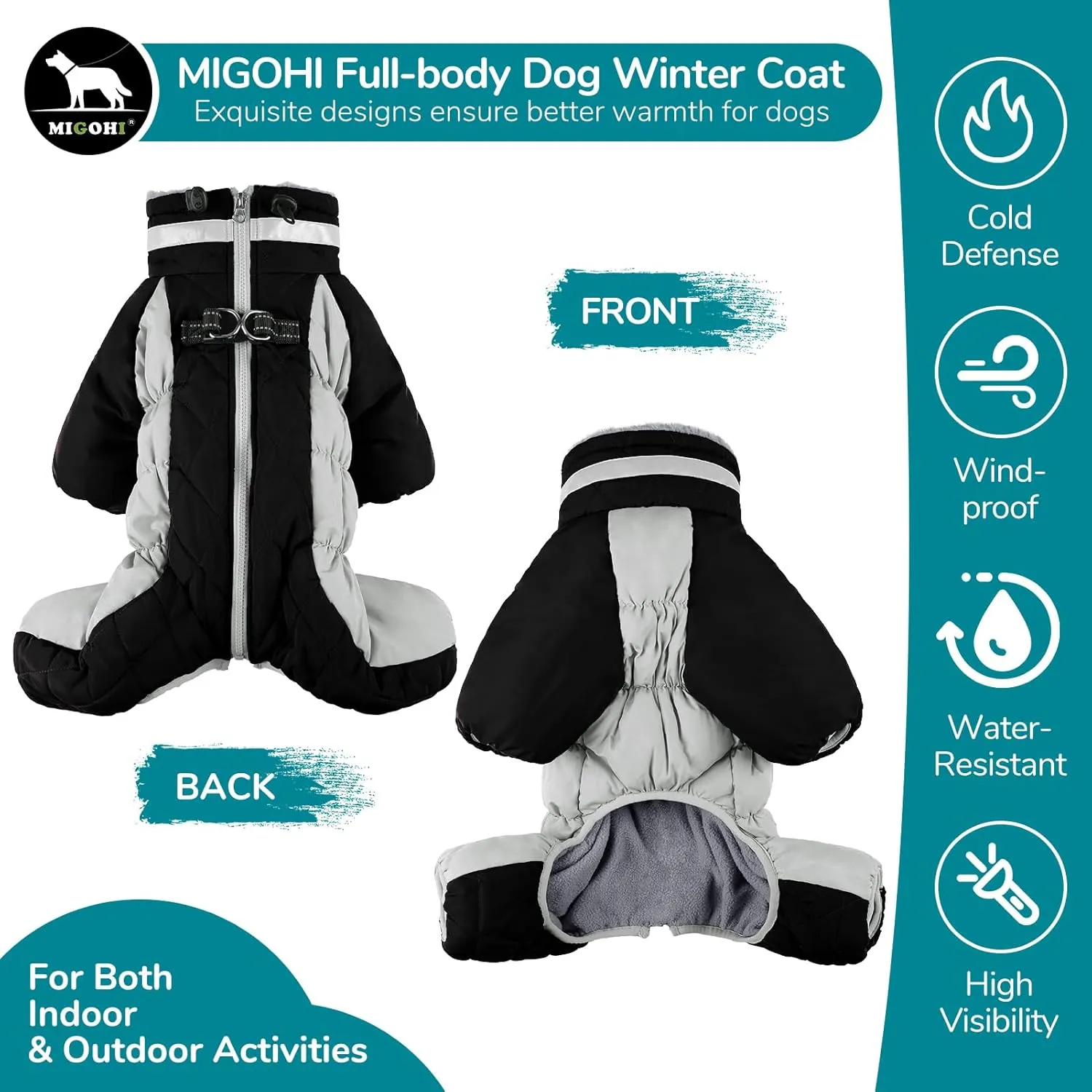 MIGOHI Full Body Coat, Reflective Warm Winter Coat with Harness, Turtleneck Fleece Jacket for Small Medium Large Dogs, Four-Legged Windproof Waterproof Snowsuit with Zipper