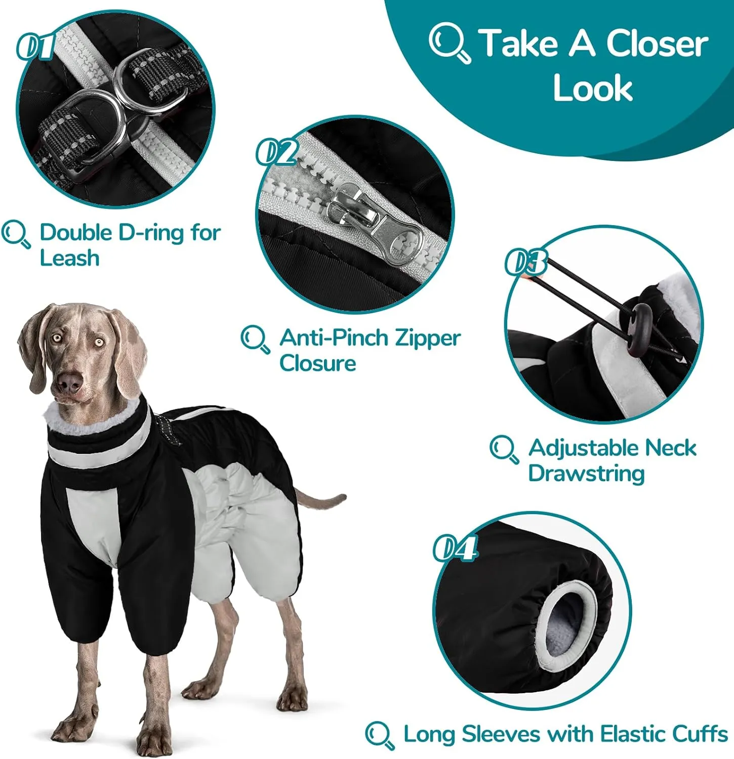 MIGOHI Full Body Coat, Reflective Warm Winter Coat with Harness, Turtleneck Fleece Jacket for Small Medium Large Dogs, Four-Legged Windproof Waterproof Snowsuit with Zipper