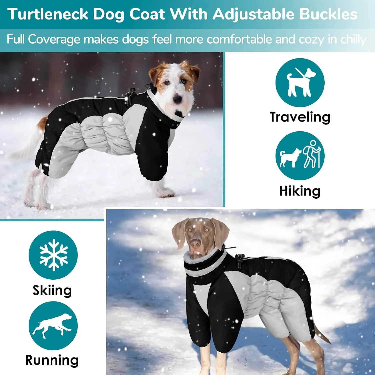 MIGOHI Full Body Coat, Reflective Warm Winter Coat with Harness, Turtleneck Fleece Jacket for Small Medium Large Dogs, Four-Legged Windproof Waterproof Snowsuit with Zipper