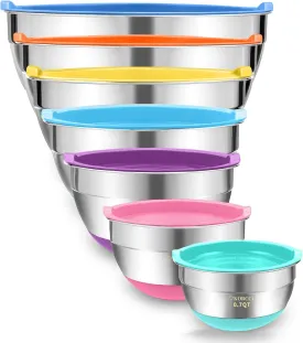 Mixing Bowls With Airtight Lids Set - 7Pc Stainless Steel Nesting Storage Bowls, Non-Slip Silicone Bottom, Size 0.7,1.1,1.7,2.1,2.7,3.6,4.5QT, Ideal for Baking, Prepping, Cooking and Serving Food