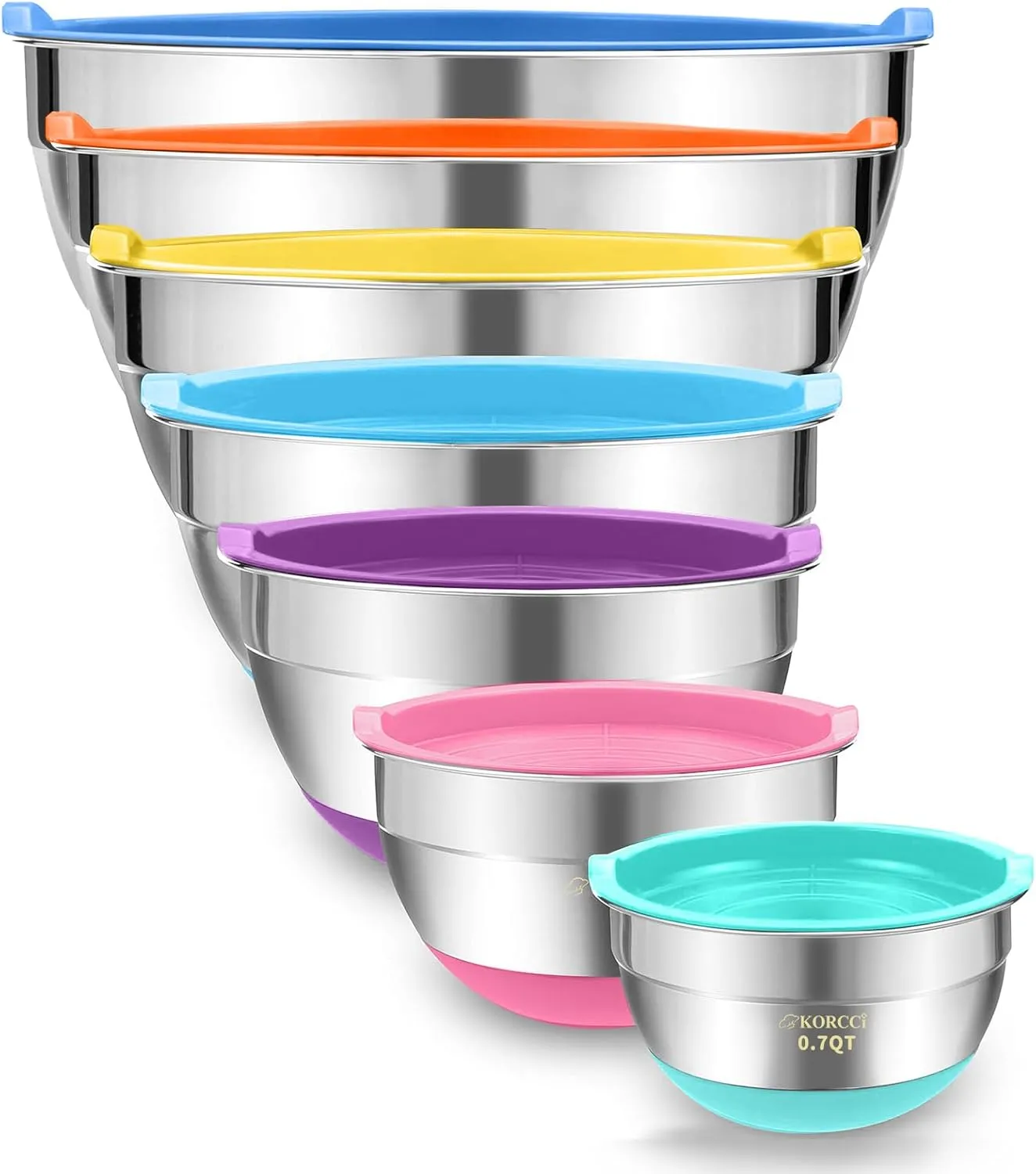 Mixing Bowls With Airtight Lids Set - 7Pc Stainless Steel Nesting Storage Bowls, Non-Slip Silicone Bottom, Size 0.7,1.1,1.7,2.1,2.7,3.6,4.5QT, Ideal for Baking, Prepping, Cooking and Serving Food