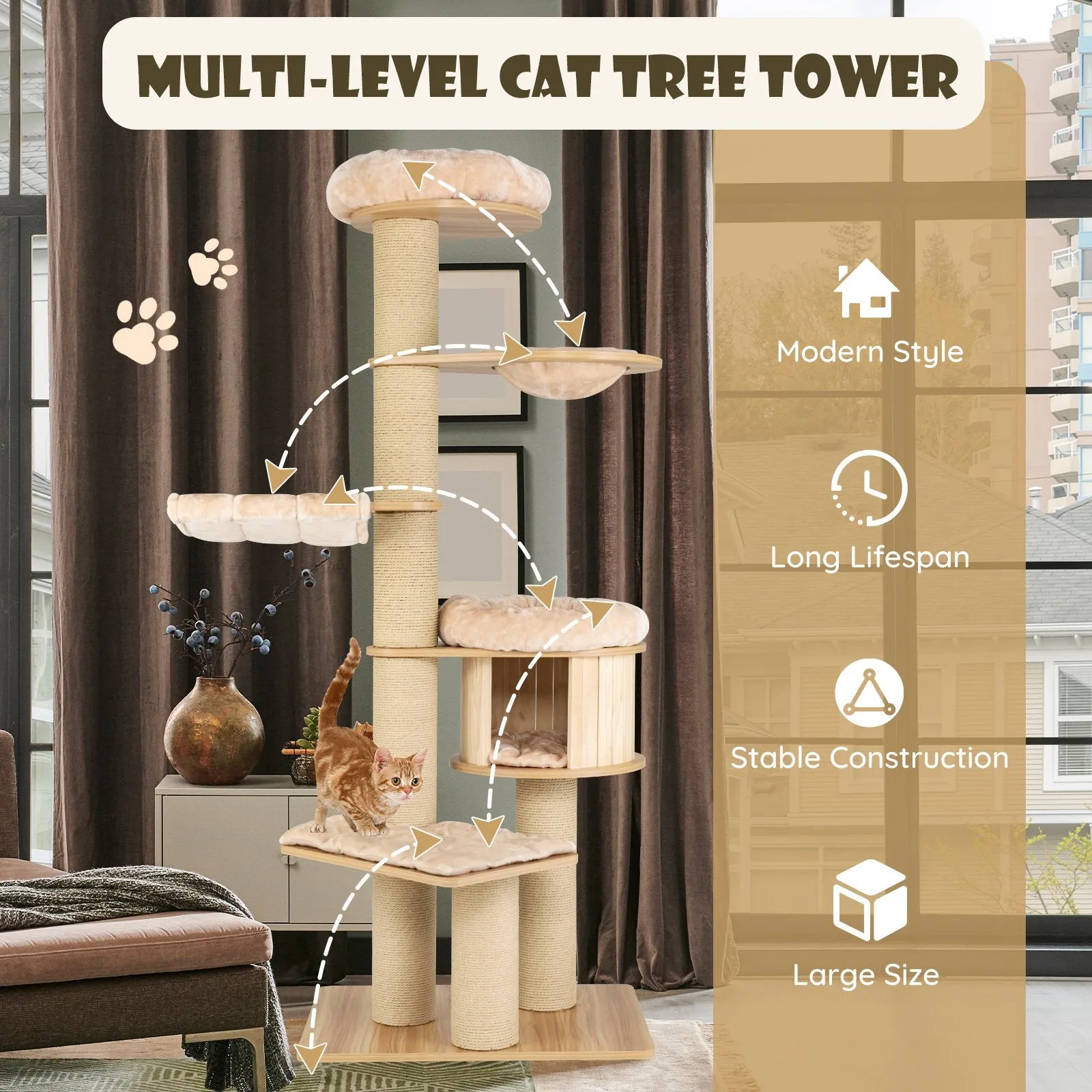 Modern Tall Cat Tree Tower with Wooden Cat Condo-Beige
