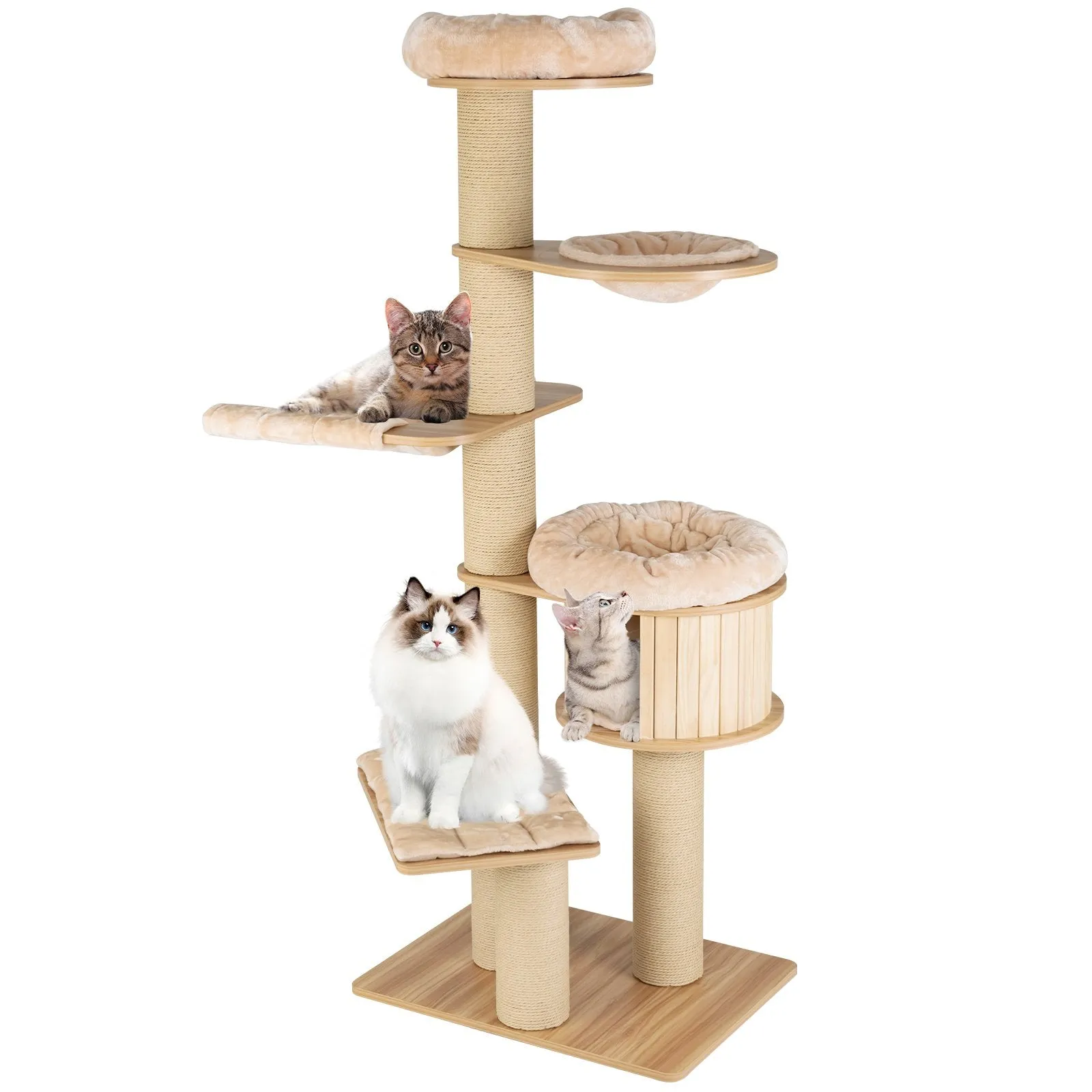 Modern Tall Cat Tree Tower with Wooden Cat Condo-Beige