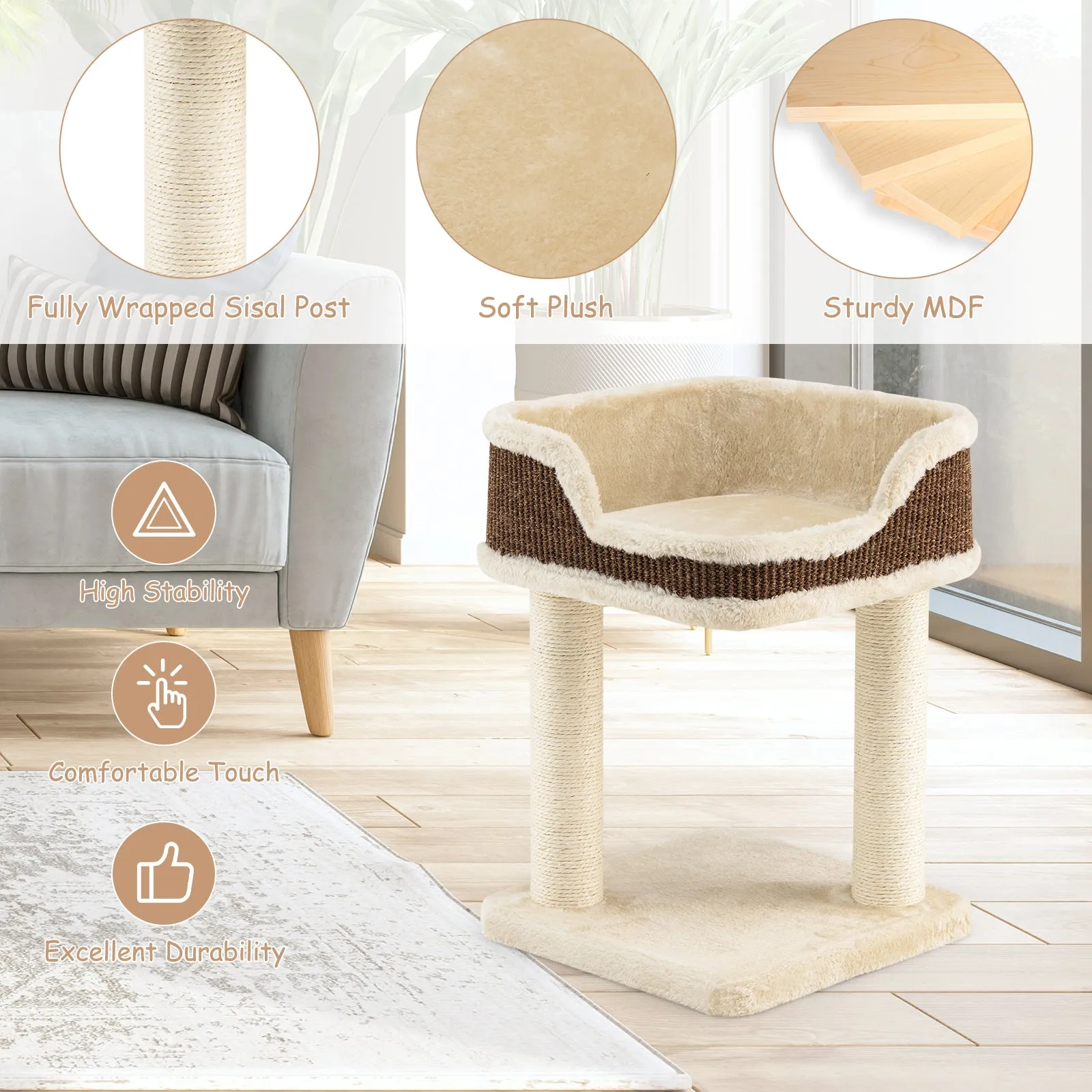 NNECW Compact Cat Tree Tower for Scratching Relaxing &amp Sleeping-Beige