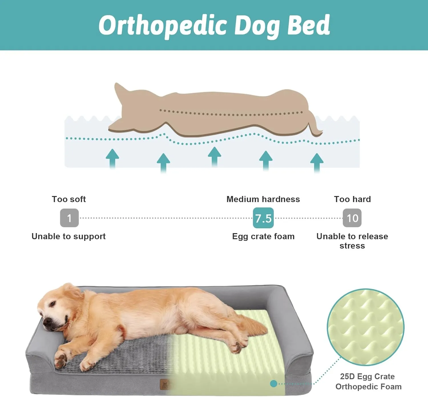 Orthopedic Dog Bed for Extra Large Dog, XL Pet Couch for XLarge Size Dog, Big Supportive Foam Bolster Sofa with Waterproof Lining Cover, Comfort, Washable, 48x32x7.5 in, U Shape, Grey
