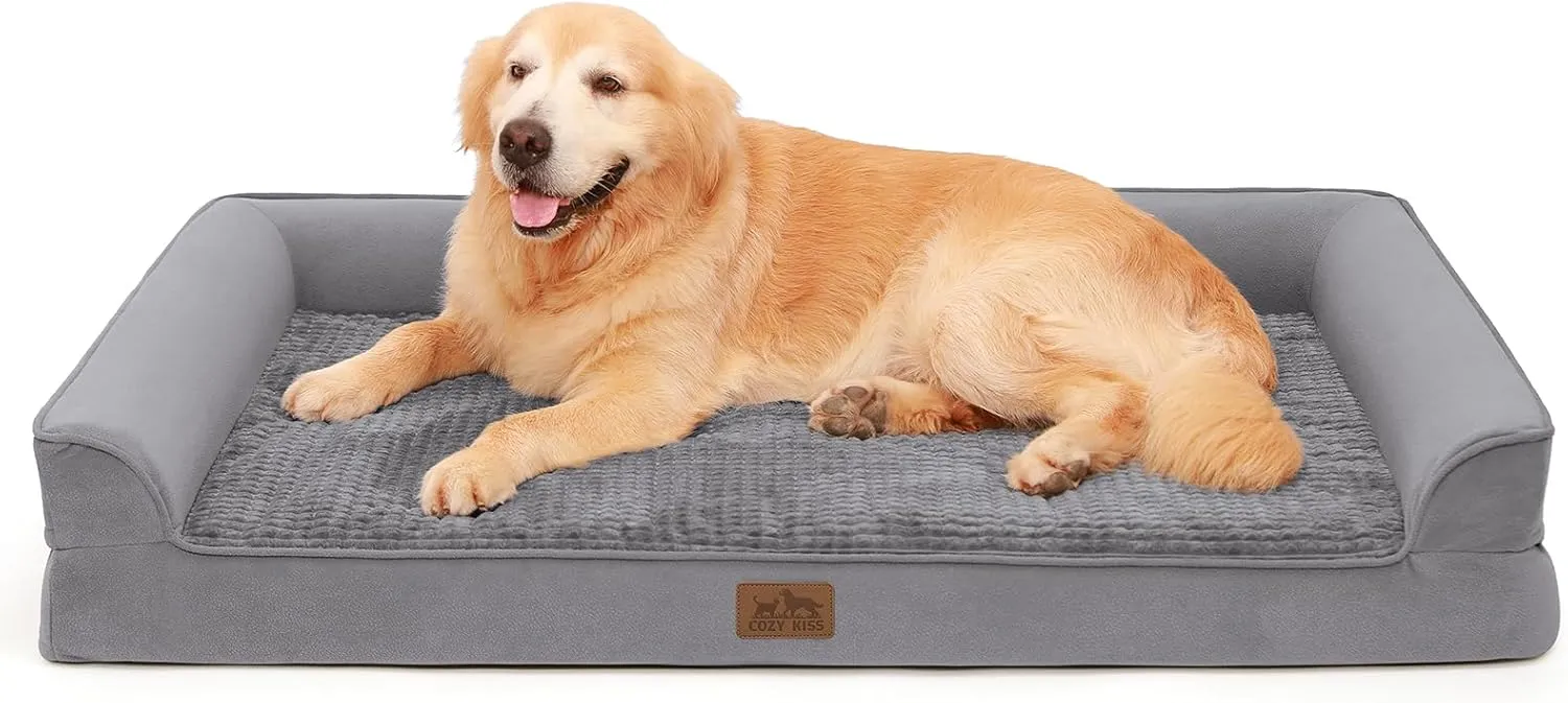Orthopedic Dog Bed for Extra Large Dog, XL Pet Couch for XLarge Size Dog, Big Supportive Foam Bolster Sofa with Waterproof Lining Cover, Comfort, Washable, 48x32x7.5 in, U Shape, Grey