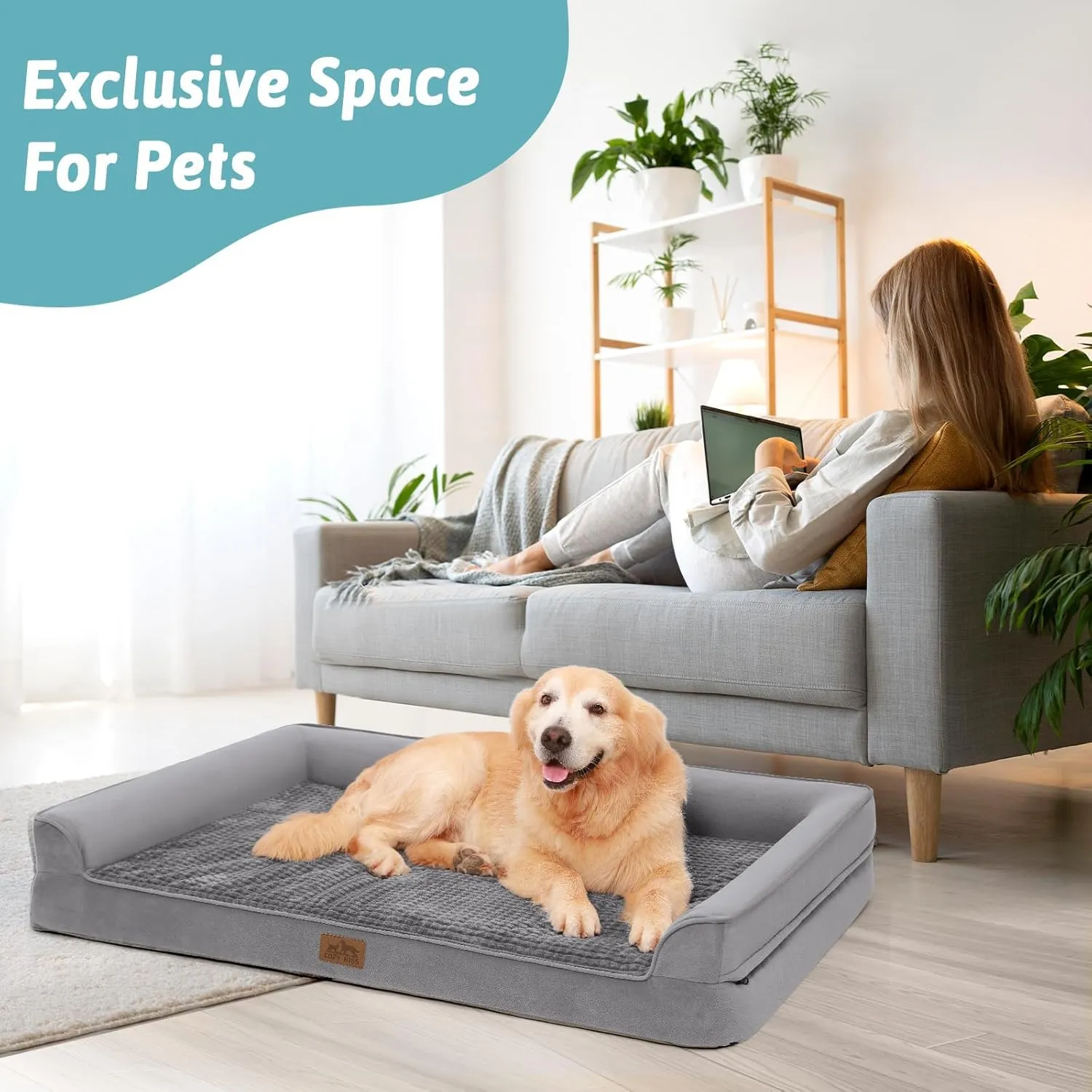 Orthopedic Dog Bed for Extra Large Dog, XL Pet Couch for XLarge Size Dog, Big Supportive Foam Bolster Sofa with Waterproof Lining Cover, Comfort, Washable, 48x32x7.5 in, U Shape, Grey