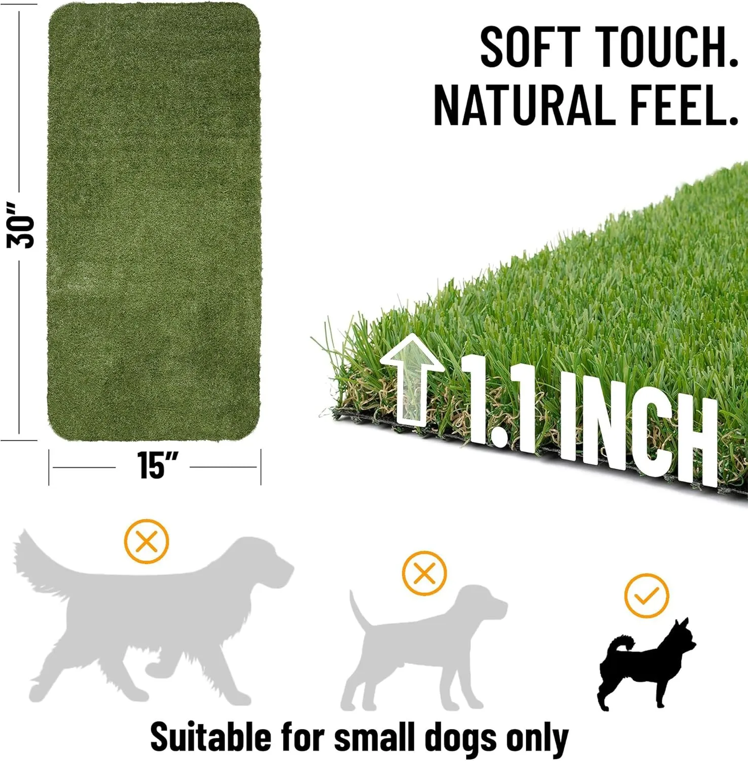 Ottomanson Pet Training Collection Easy Clean Indoor/Outdoor Reusable Training Grass Pad, 15" x 30", Green