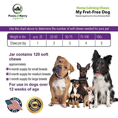 Paws of Kerry #1 Calming Treats for Dogs Anxiety, Natural Relief from Separation Anxiety, Organic Hemp Oil Soft Chews & Calm Aid for Motion Sickness, Storms, L-Tryptophan & Organic Chamomile |120 Soft