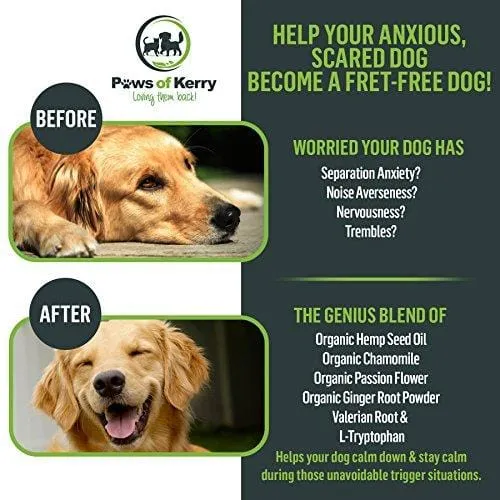 Paws of Kerry #1 Calming Treats for Dogs Anxiety, Natural Relief from Separation Anxiety, Organic Hemp Oil Soft Chews & Calm Aid for Motion Sickness, Storms, L-Tryptophan & Organic Chamomile |120 Soft