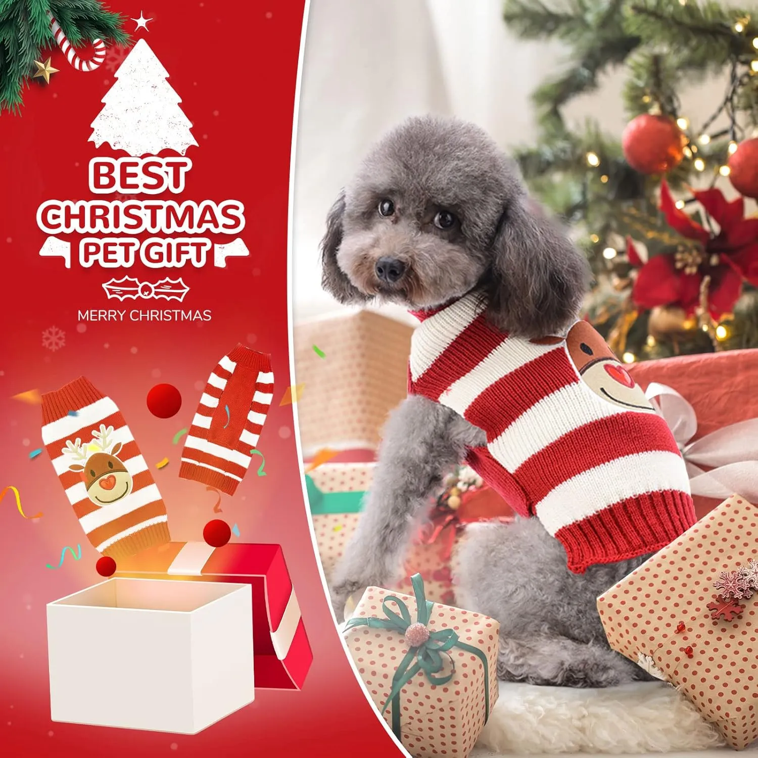 PETCARE Reindeer Christmas Dog Sweater Red Striped Cat Sweater Cartoon Elk Pet Vest Holiday Dog Clothes Puppy Sweaters for Small Medium Large Dogs Cats Fall Winter Outfits Xmas Dog Costume,Large