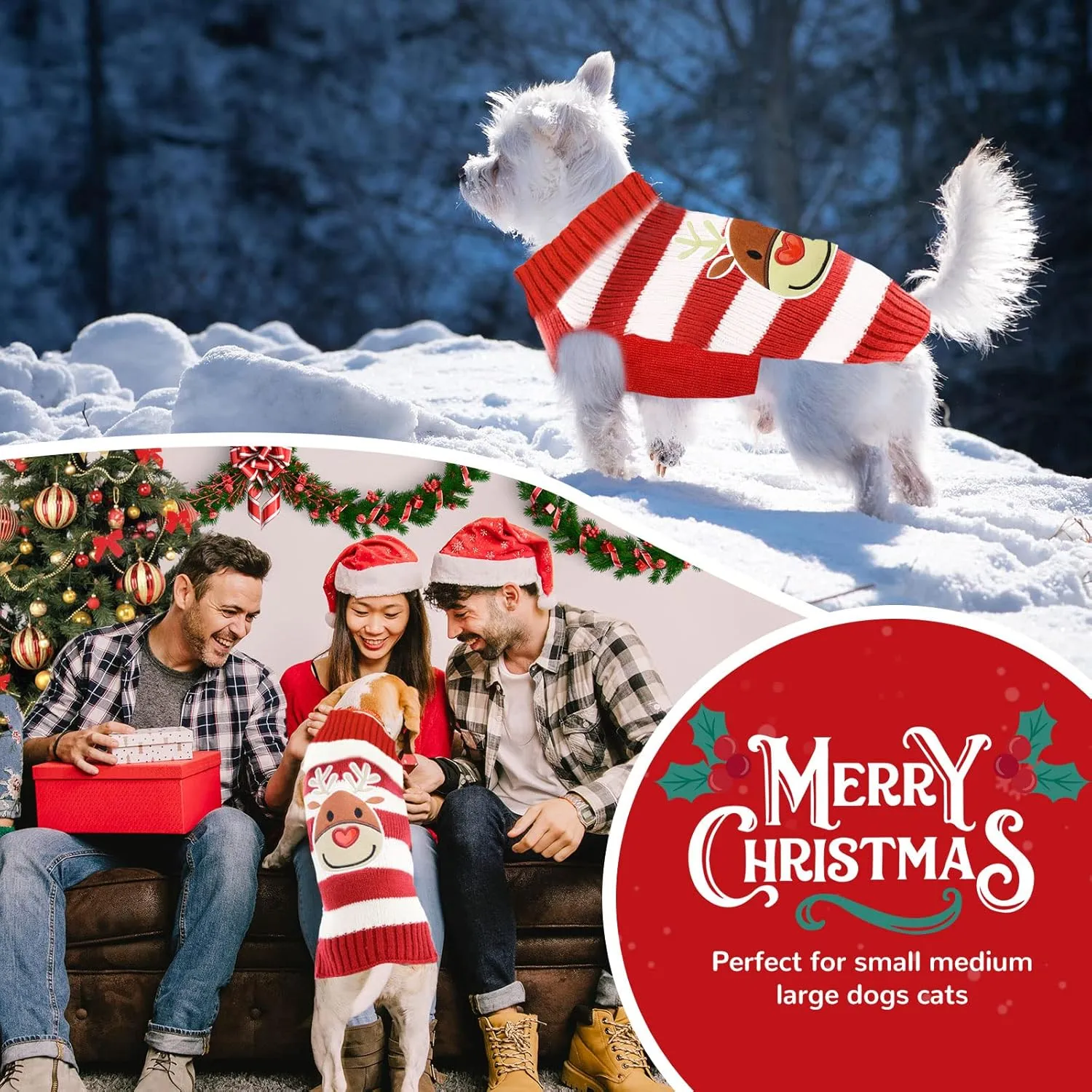 PETCARE Reindeer Christmas Dog Sweater Red Striped Cat Sweater Cartoon Elk Pet Vest Holiday Dog Clothes Puppy Sweaters for Small Medium Large Dogs Cats Fall Winter Outfits Xmas Dog Costume,Large