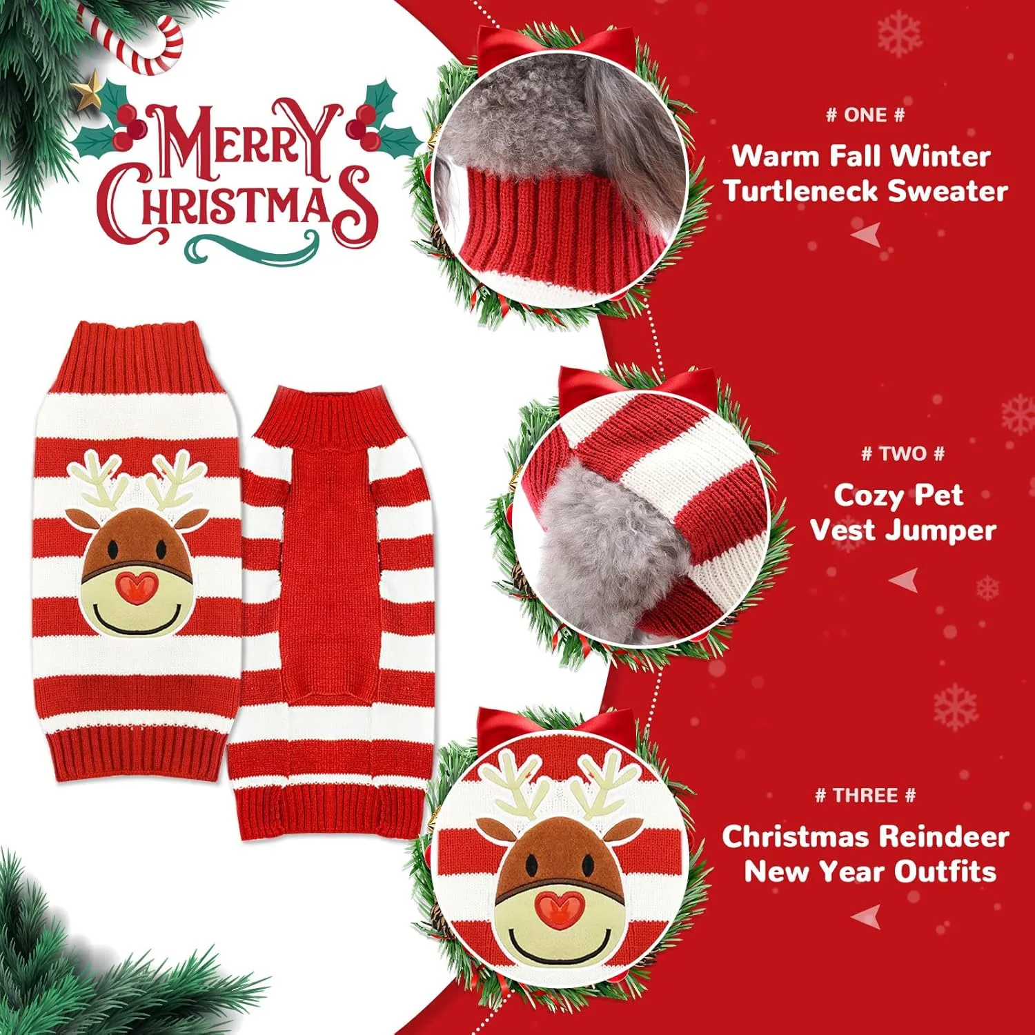 PETCARE Reindeer Christmas Dog Sweater Red Striped Cat Sweater Cartoon Elk Pet Vest Holiday Dog Clothes Puppy Sweaters for Small Medium Large Dogs Cats Fall Winter Outfits Xmas Dog Costume,Large