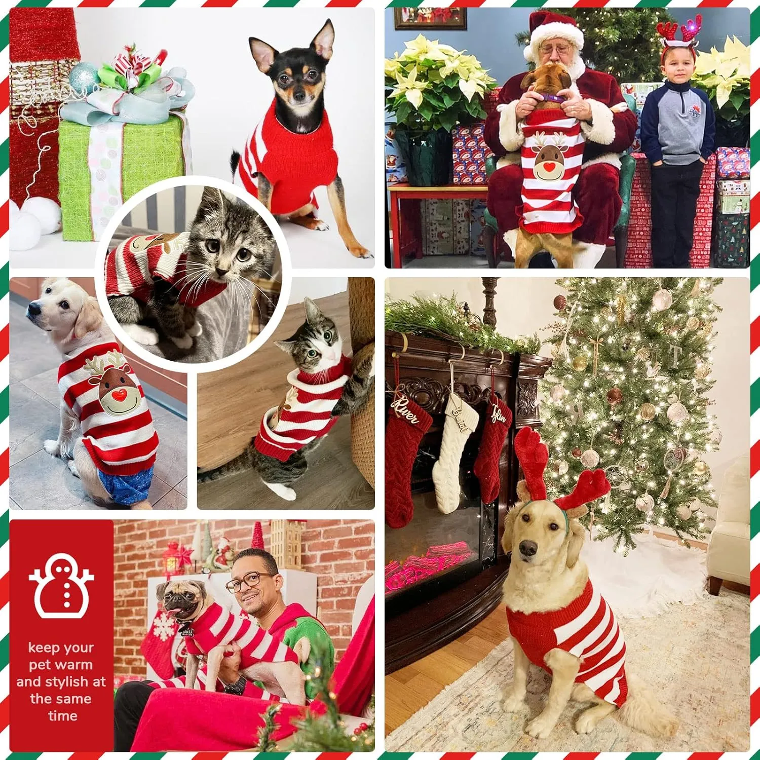 PETCARE Reindeer Christmas Dog Sweater Red Striped Cat Sweater Cartoon Elk Pet Vest Holiday Dog Clothes Puppy Sweaters for Small Medium Large Dogs Cats Fall Winter Outfits Xmas Dog Costume,Large