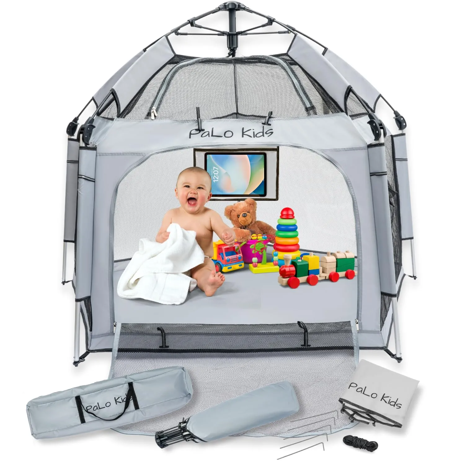 Pop Up Playpen - Portable for Babies With Canopy - Baby Beach Tent, Indoor Outdoor, Pack & Play, Built-in Tablet Holder, Foldable